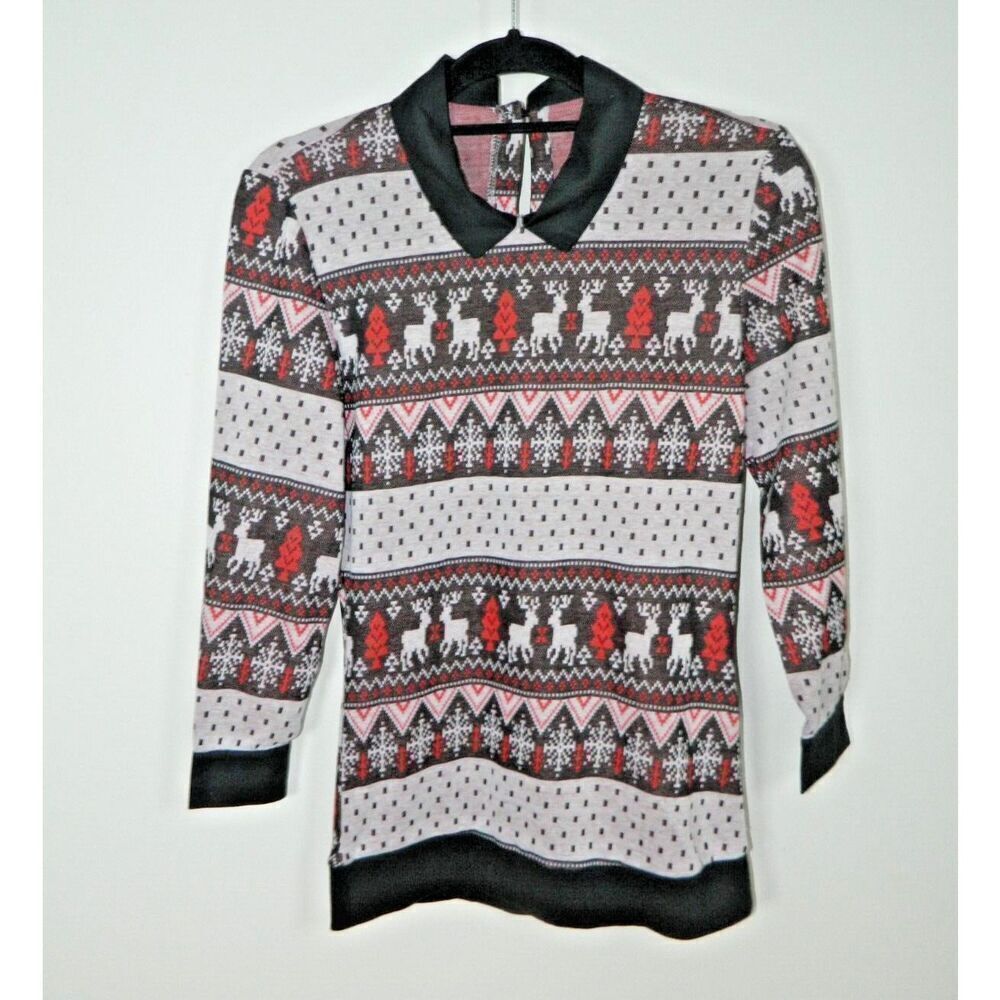 Unique Vintage Shirt‎ Size Medium Gray White Red Winter Fair Isle Collared